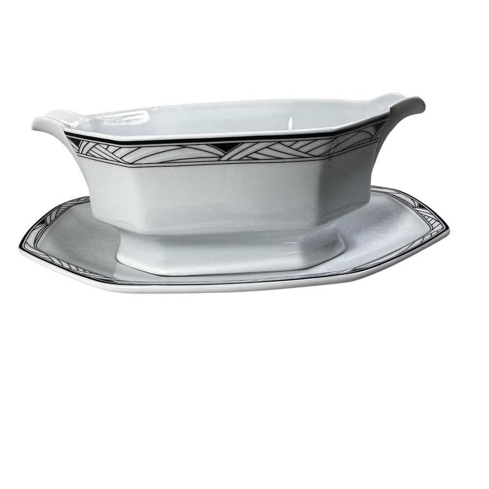 Studio Nova Synthesis Y0031 Gravy Boat Separate Underplate Art Deco Black White